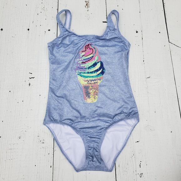 Pq PilyQ Girls Blue Sparkly Ice Cream Sequin Swimsuit One Piece Sz 12 NEW